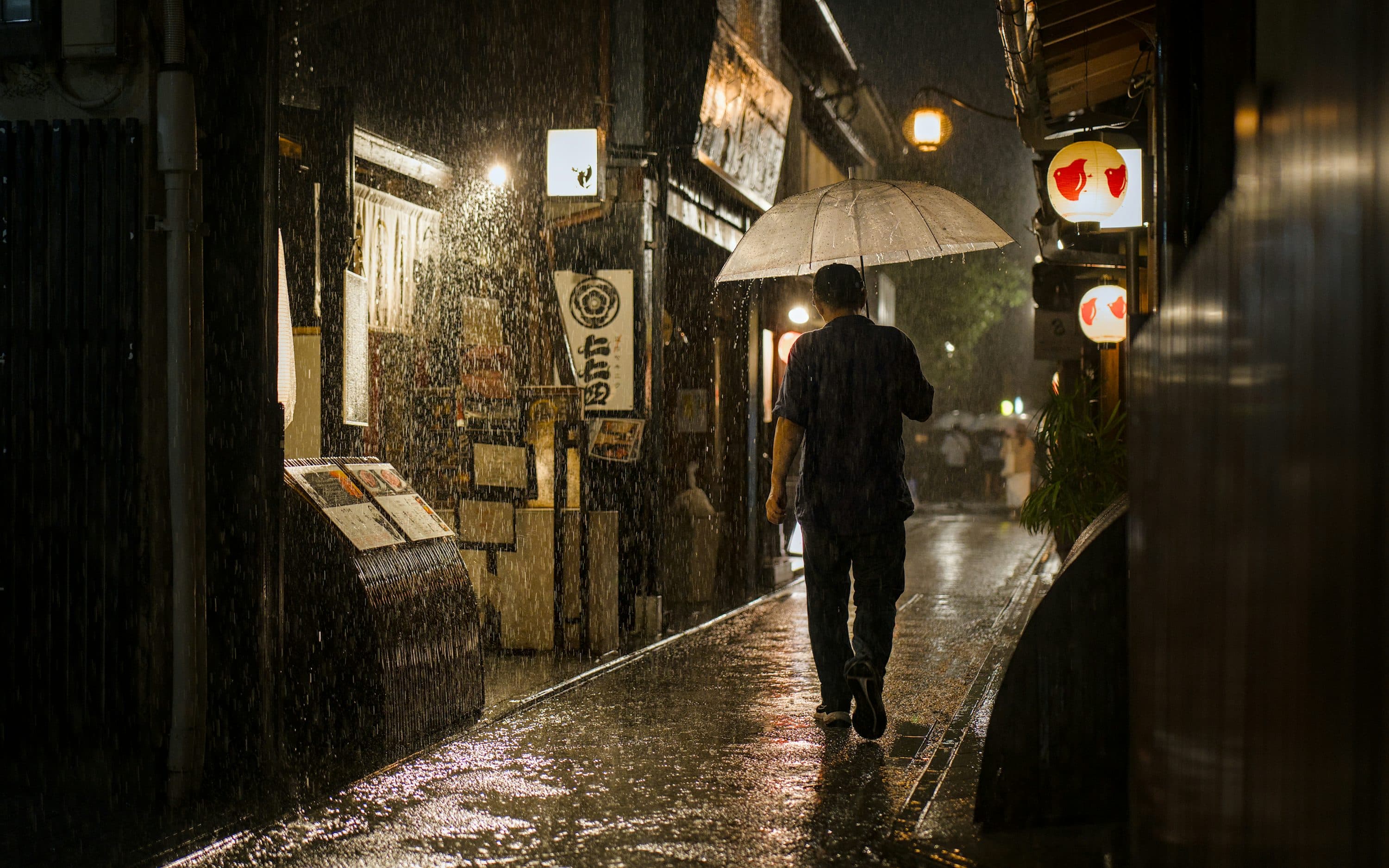 A person with an umbrella walking down a rain-soaked Japanese alley lined with restaurant signs and red paper lanterns at night